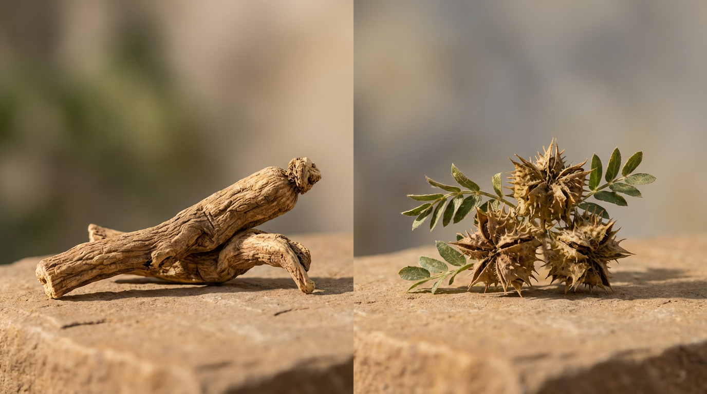 Editorial image showing Tongkat Ali root and Tribulus Terrestris as complementary herbal ingredients used together in men’s performance supplements.