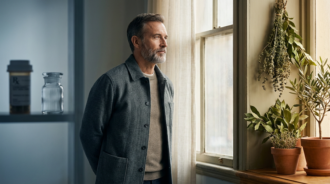 Mature man reflecting on the choice between prescription erectile dysfunction medication and natural herbal supplements for long-term health and intimacy.