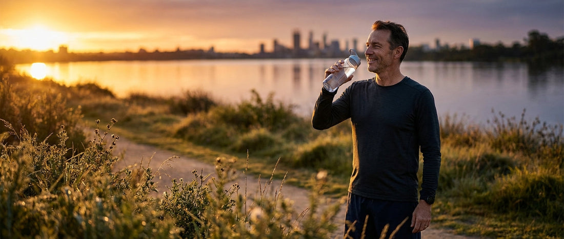 Confident middle-aged man stretching at sunrise symbolizing extended duration of natural sexual enhancement