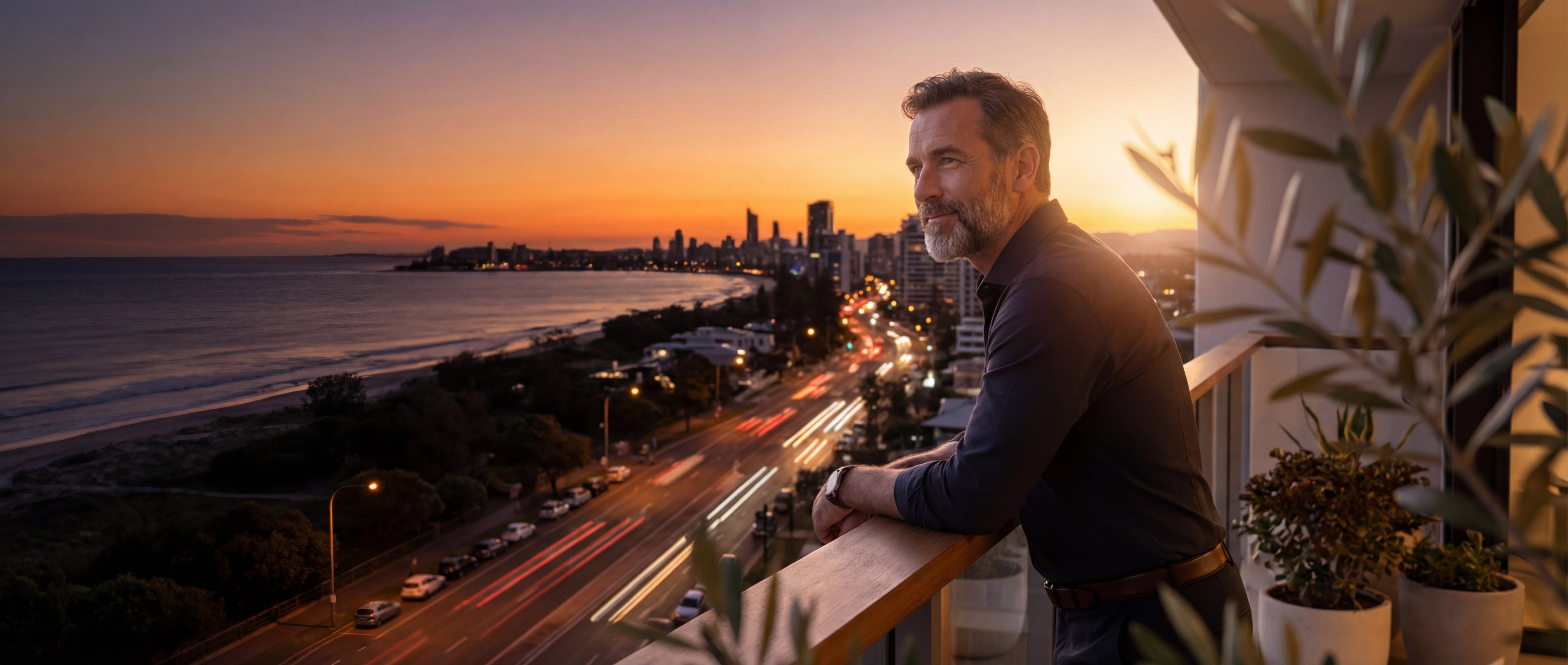 Confident middle-aged man at sunset symbolizing long-lasting natural sexual enhancement and sustained performance support