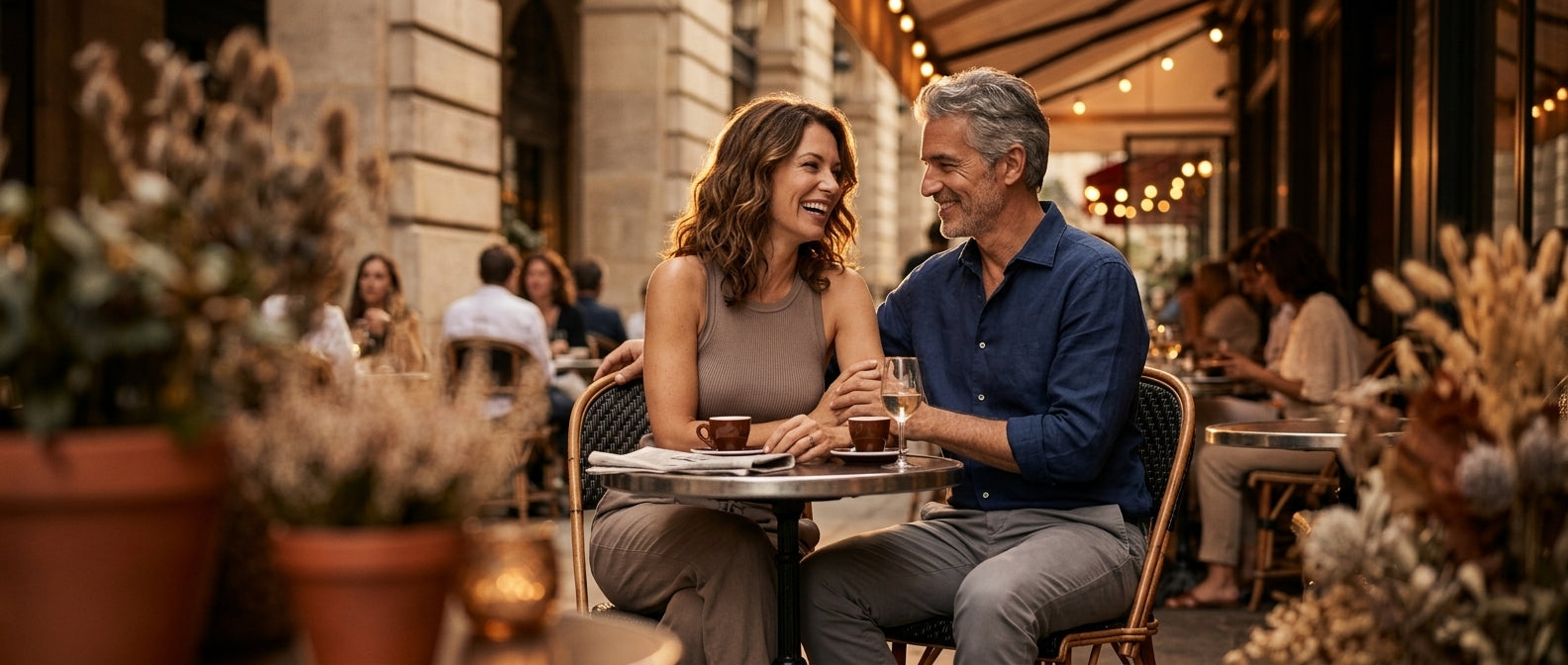 Mature couple relaxing together at sunset representing intimacy, spontaneity, confidence, and freedom from timing pressure