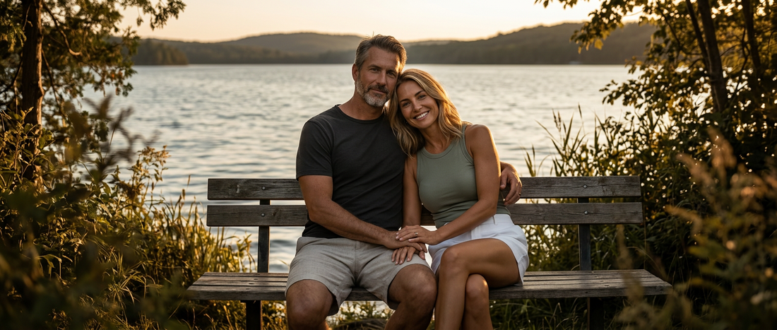 Confident mature couple at sunset representing natural sexual wellness through balanced support rather than forced results