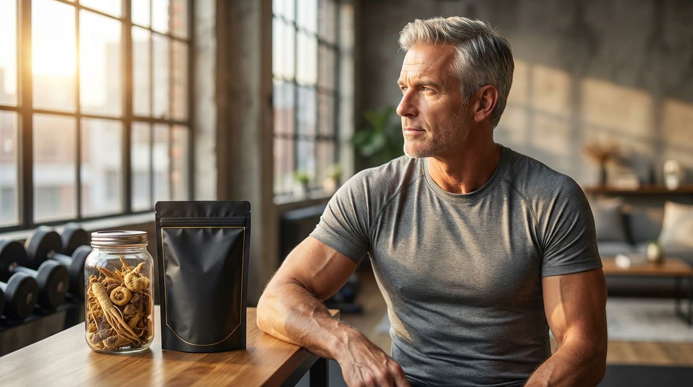 Man standing in sunlight with herbal ingredients and supplements illustrating natural plant-based performance enhancement for men