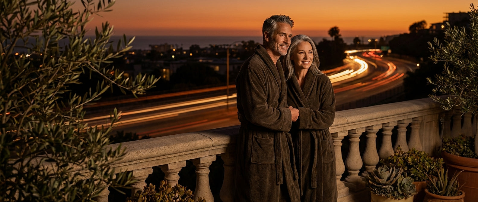 Confident middle-aged man with woman by his side at sunset symbolizing natural sexual enhancement effects over 30 minutes, 2 hours, and 3 days