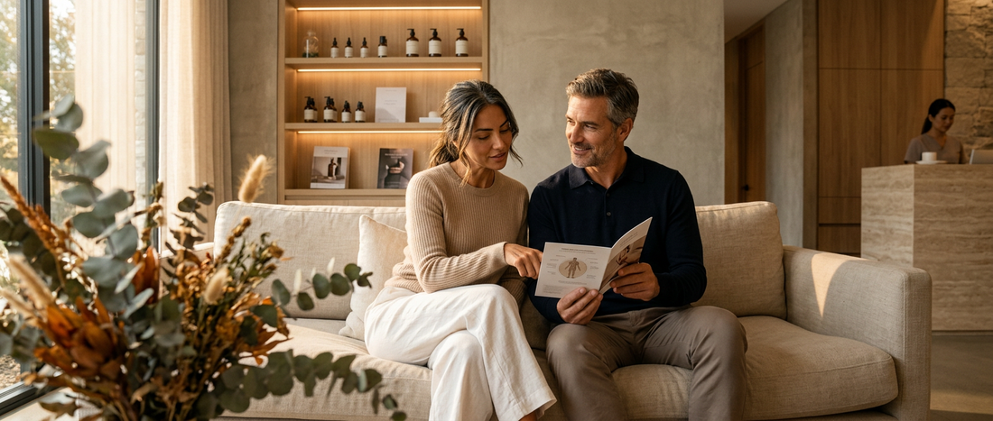 Mature couple reviewing wellness information together while considering natural sexual enhancement supplements and medication safety