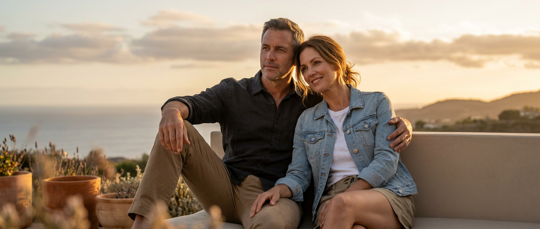 Confident mature couple relaxing together at sunset representing reduced anxiety, emotional connection, and natural sexual wellness