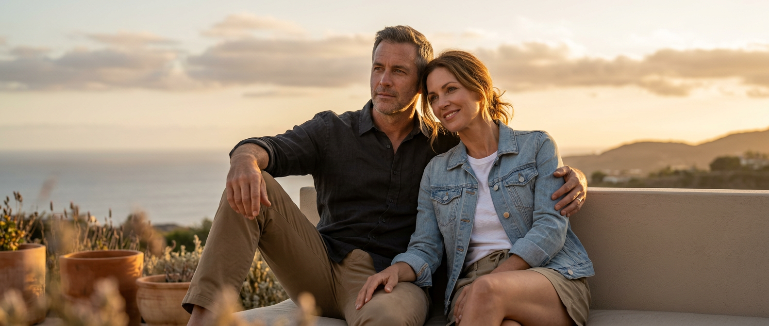 Confident mature couple relaxing together at sunset representing reduced anxiety, emotional connection, and natural sexual wellness
