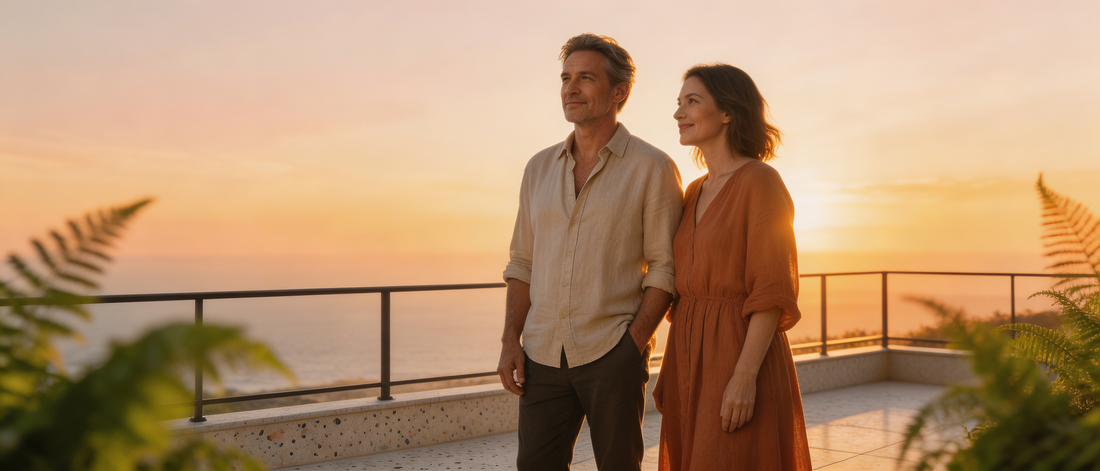 Confident mature couple at sunset representing long-lasting sexual wellness and sustained performance over time