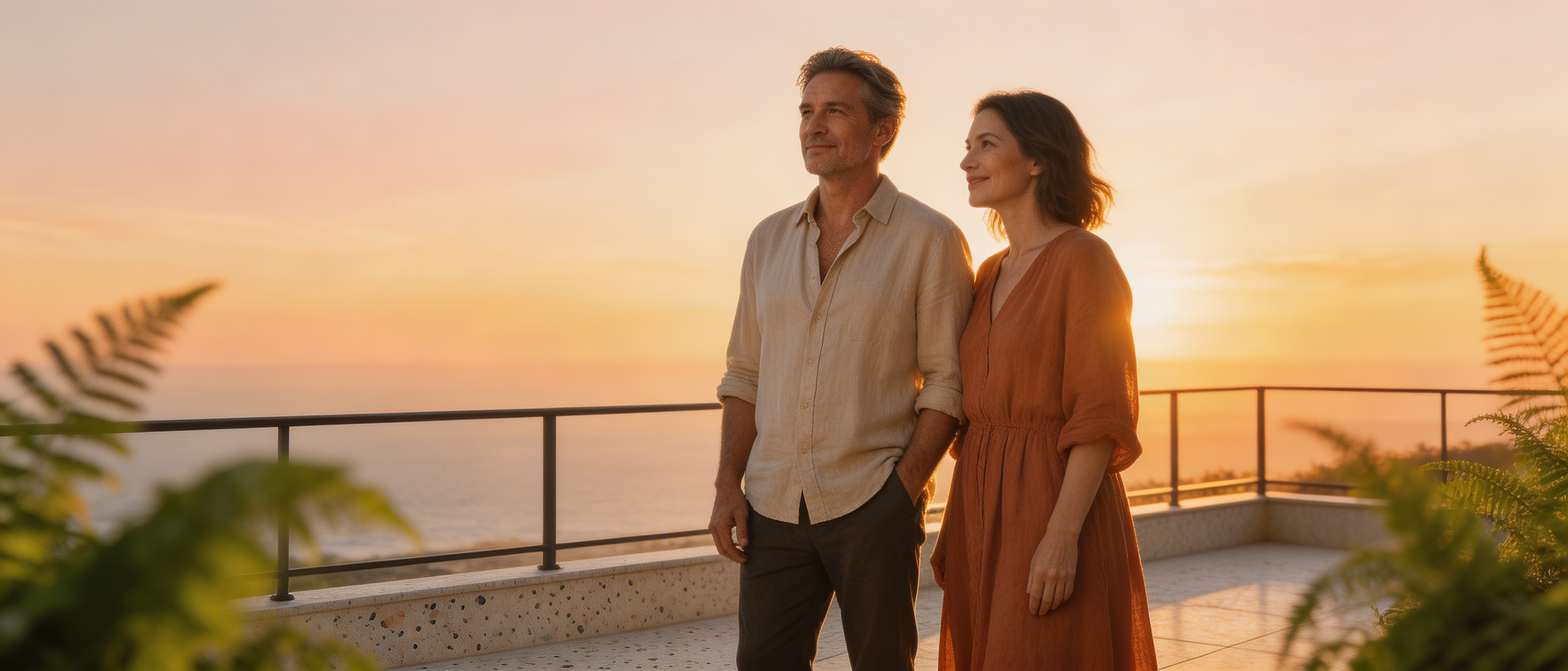 Confident mature couple at sunset representing long-lasting sexual wellness and sustained performance over time