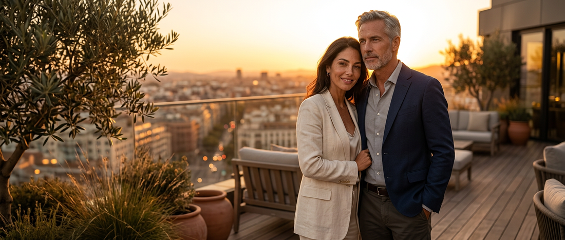 Confident mature couple on a rooftop at sunset representing emotional connection, self-confidence, and sexual wellness