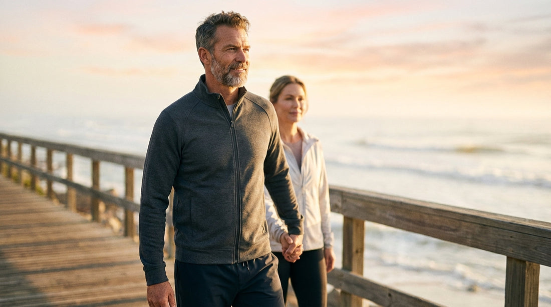an in his 50s enjoying a sunrise walk with his partner, symbolizing vitality, confidence, and sexual wellness after 50