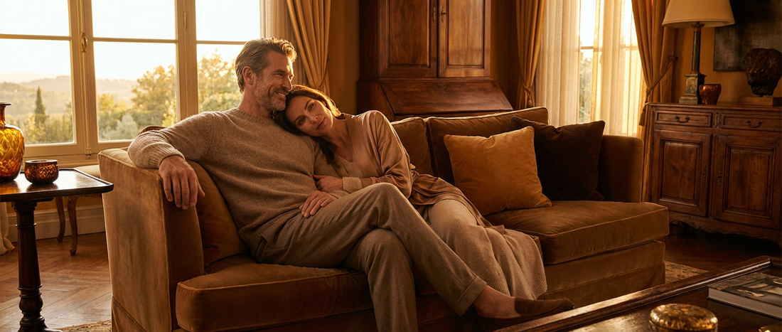 Confident mature couple at sunset representing long-lasting sexual wellness and multi-day performance support